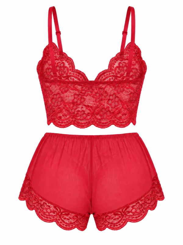 Lace Mesh Longline Top and Lace-Trim Shorts, Red, studio, back