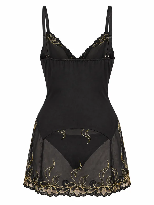 Gold-Embroidered Mesh Slip, Black, studio, back