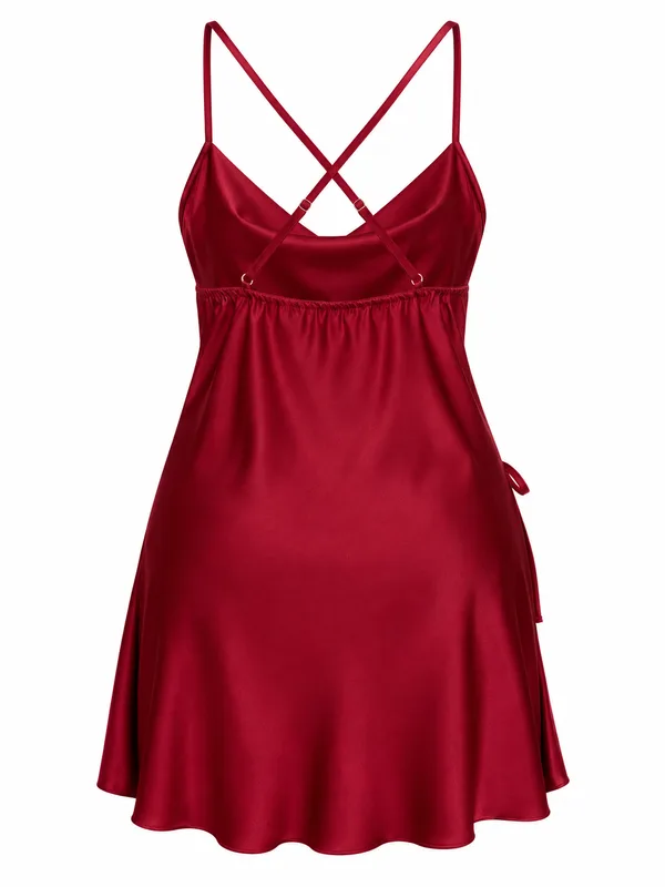 Satin Cowl-Neck Slip with Lace-Up Side Slit, Burgundy, studio, back