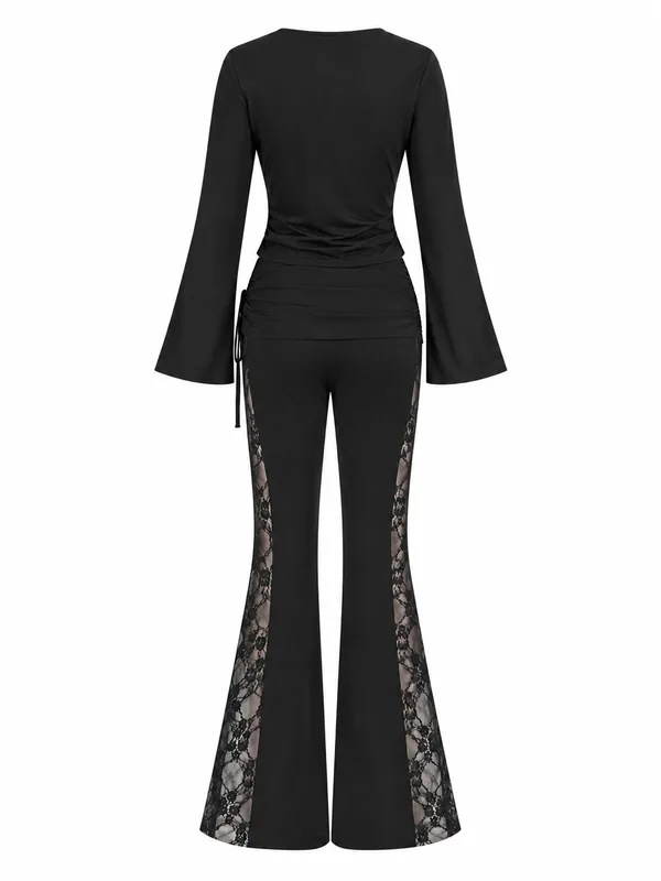 Tie-Front Bell-Sleeve Top and Lace-Trim Flared Pants, Black, studio, back