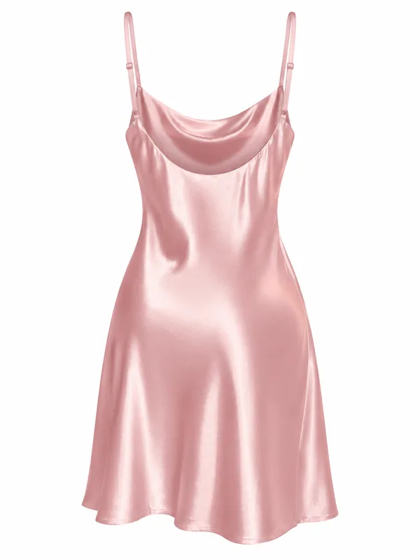 Satin Cowl-Neck Side-Slit Slip, Dusty Pink, studio, back