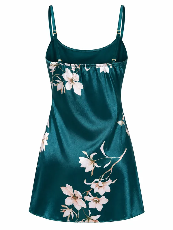 Satin Floral Mini Slip, Dark Green, studio, back