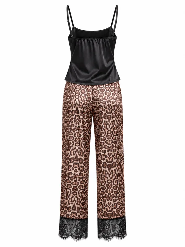 Satin Cami and Leopard-Print Lace-Trim Pajama Pants, Leopard Print, studio, back