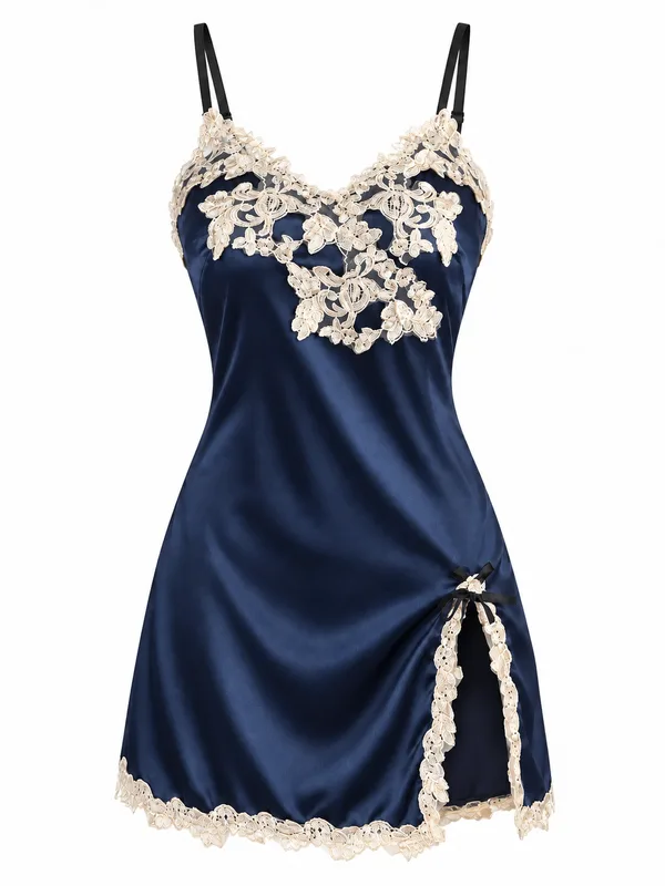 Lace-Trim Satin Slip, Navy Blue, studio, front