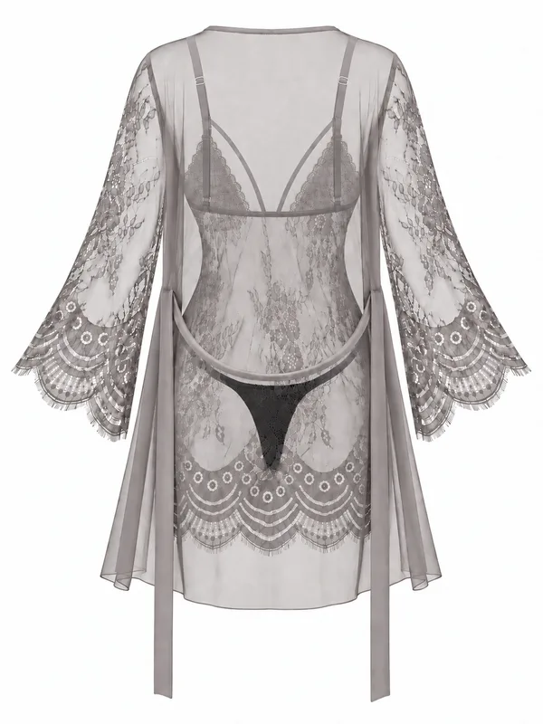 Lace-Trim Mesh Babydoll and Robe, Light Gray, studio, back