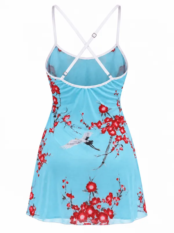 Spaghetti-Strap Floral-Print Babydoll, Light Blue, studio, back