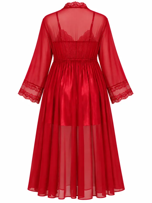 Lace-Trim Satin Babydoll, Red, studio, back
