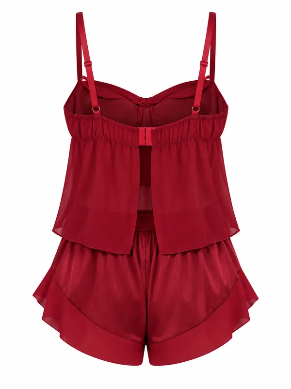 Ruched Chiffon Camisole and Satin Shorts, Burgundy, studio, back