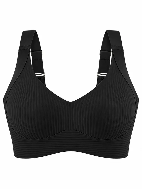 Ribbed V-Neck Wireless Bra, Black, studio, front