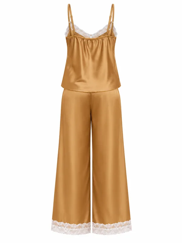 Lace-Trim Satin Cami and Wide-Leg Pants, Gold, studio, back