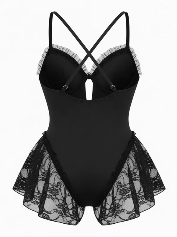 Lace-Up Lace-Trim Teddy, Black, studio, back
