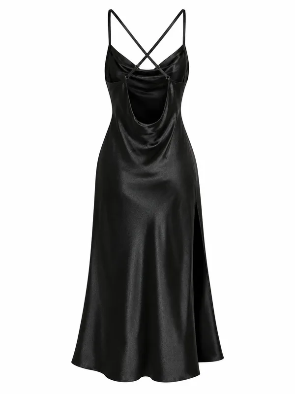 Satin Cowl-Neck Slip Dress, Black, studio, back