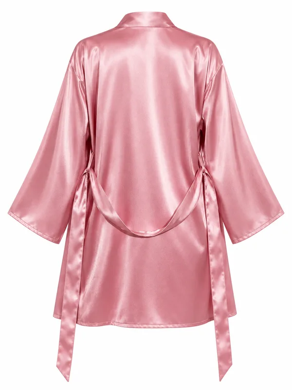 Lace-Trim Satin Cami and Shorts with Robe, Dusty Pink, studio, back