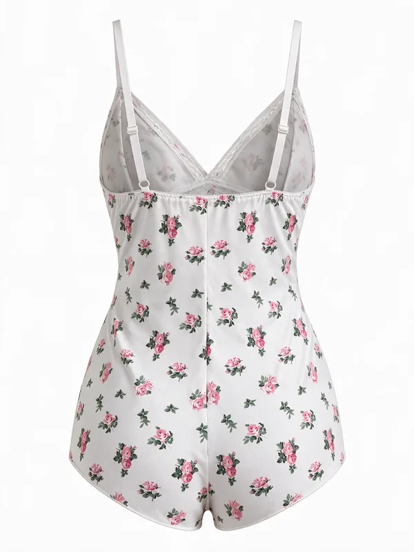 Floral Print Lace-Trim Teddy, White, studio, back