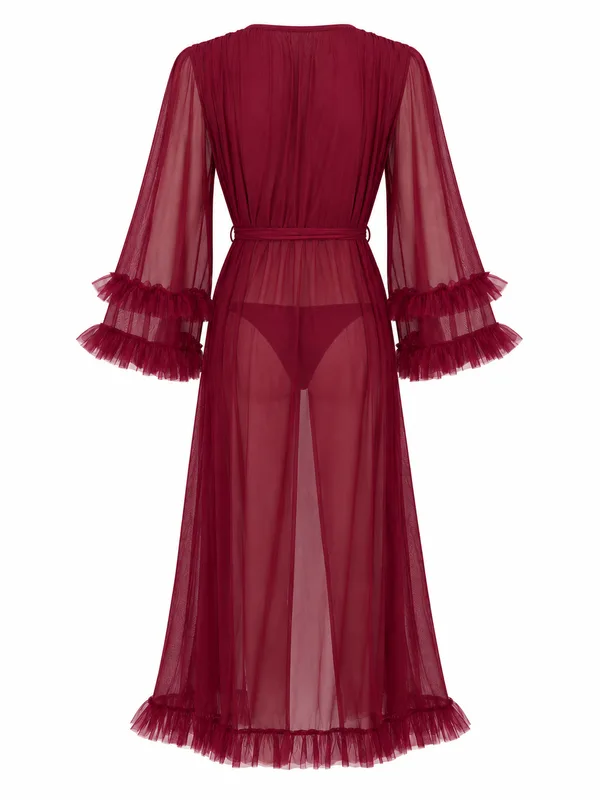 Ruffle-Trim Sheer Mesh Robe, Burgundy, studio, back
