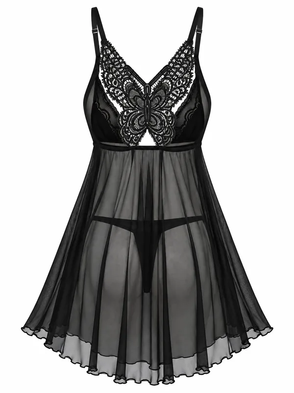 Lace-Trim Mesh Babydoll, Black, studio, back