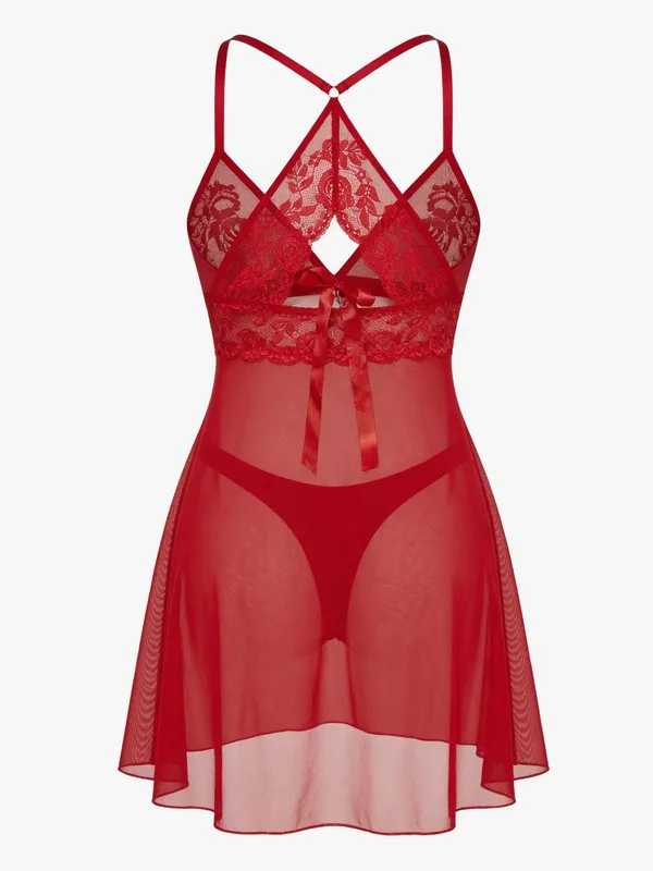Lace-Trim Sheer Mesh Babydoll, Red, studio, back