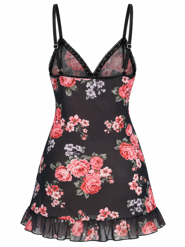 Ruffle-Hem Lace-Trim Mesh Babydoll, Black, studio, back