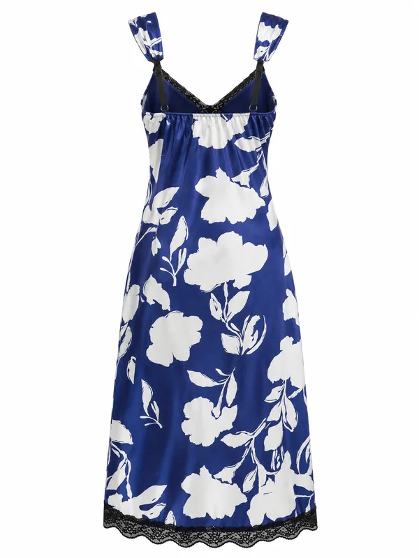 Floral-Print Lace-Trim Slip, Blue, studio, back