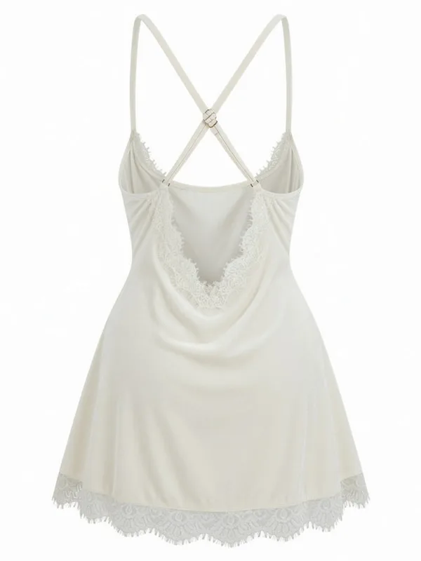 Lace-Trim Velvet Slip, White, studio, back