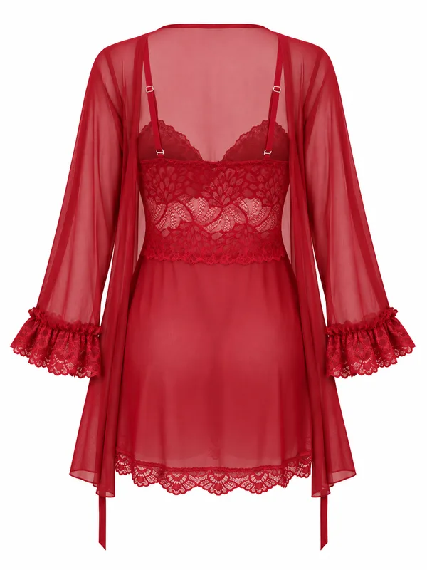 Lace-Trim Mesh Babydoll with Sheer Robe, Burgundy, studio, back