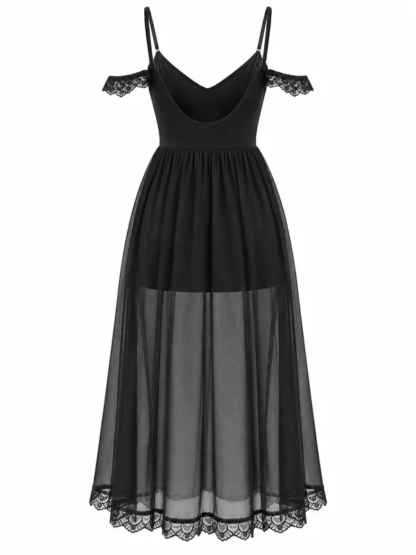 Lace-Trim Mesh Babydoll, Black, studio, back