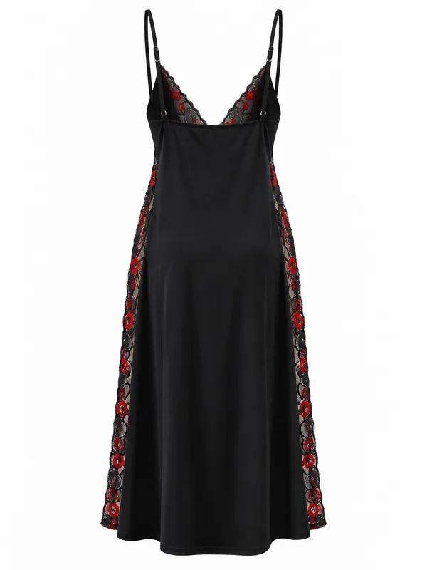 Lace-Panel Midi Slip, Black, studio, back