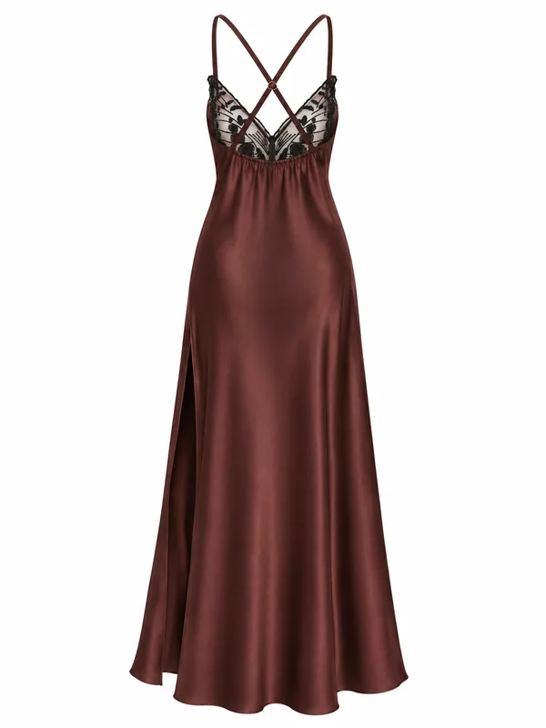 Butterfly Lace Satin Long Slip, Coffee, studio, back