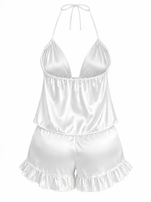 Tie-Front Satin Halter Top and Ruffle Shorts, White, studio, back