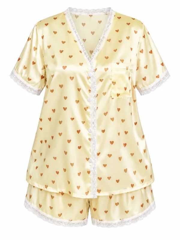 Heart-Print Satin Lace-Trim Pajama Shirt and Shorts, Yellow, studio, front