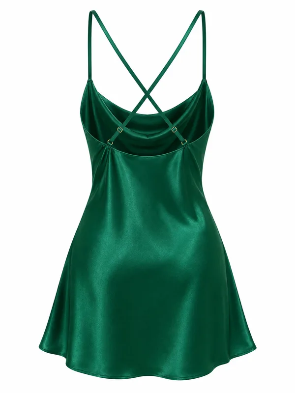 Cowl-Neck Satin Slip, Dark Green, studio, back