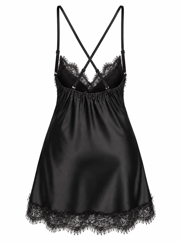 Lace-Trim Satin Slip, Black, studio, back