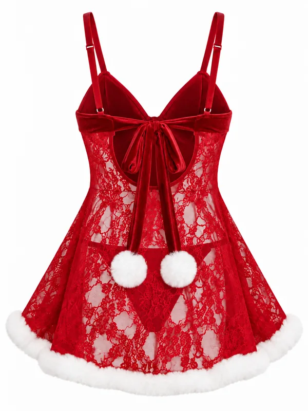Fur-Trim Lace Babydoll, Burgundy, studio, back