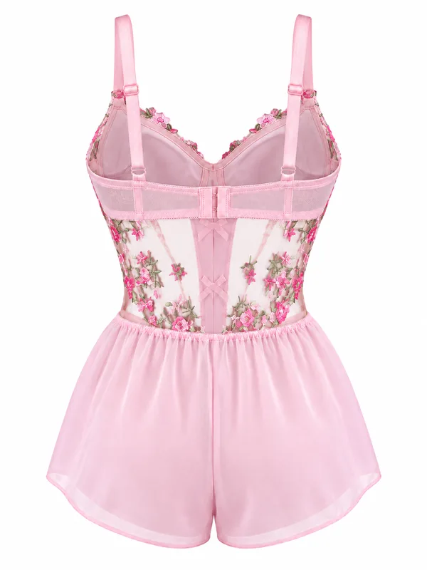 Floral Embroidered Mesh Lingerie with Shorts, Pink, studio, back