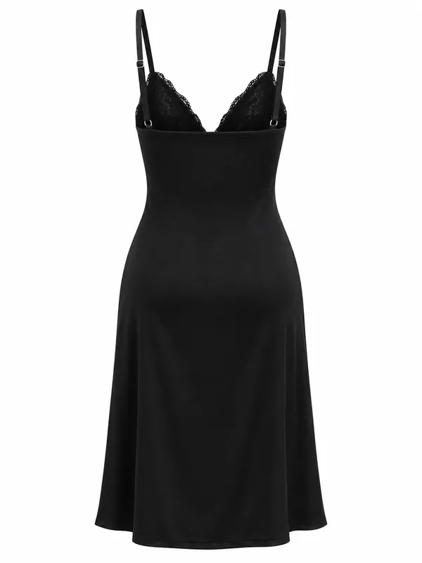 Lace-Trim Side-Slit Slip Dress, Black, studio, back