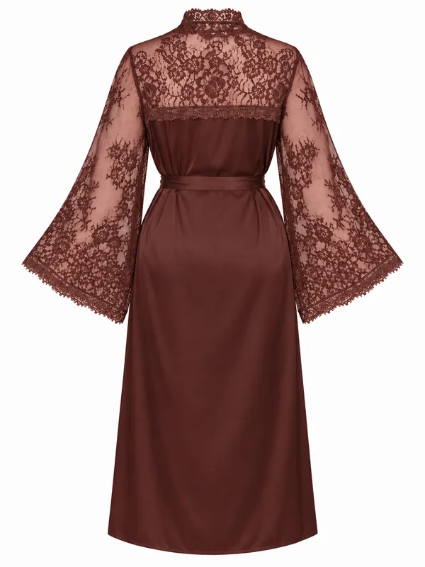 Lace-Trim Satin Long Robe, Coffee, studio, back
