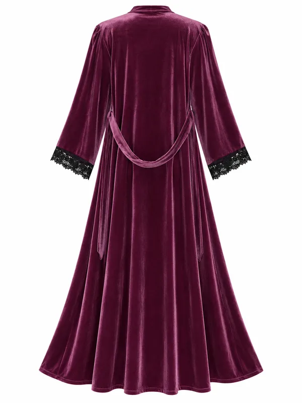 Lace-Trim Velvet Long Slip Dress and Long Robe, Purple, studio, back