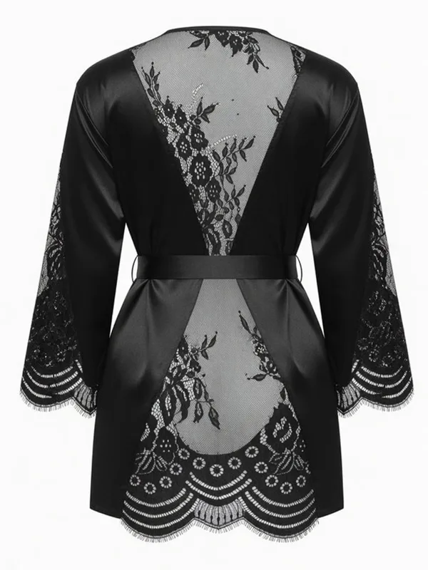 Satin and Lace Robe, Black, studio, back