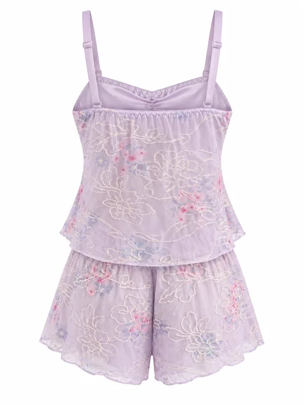 Embroidered Mesh Cami and Shorts, Light Purple, studio, back