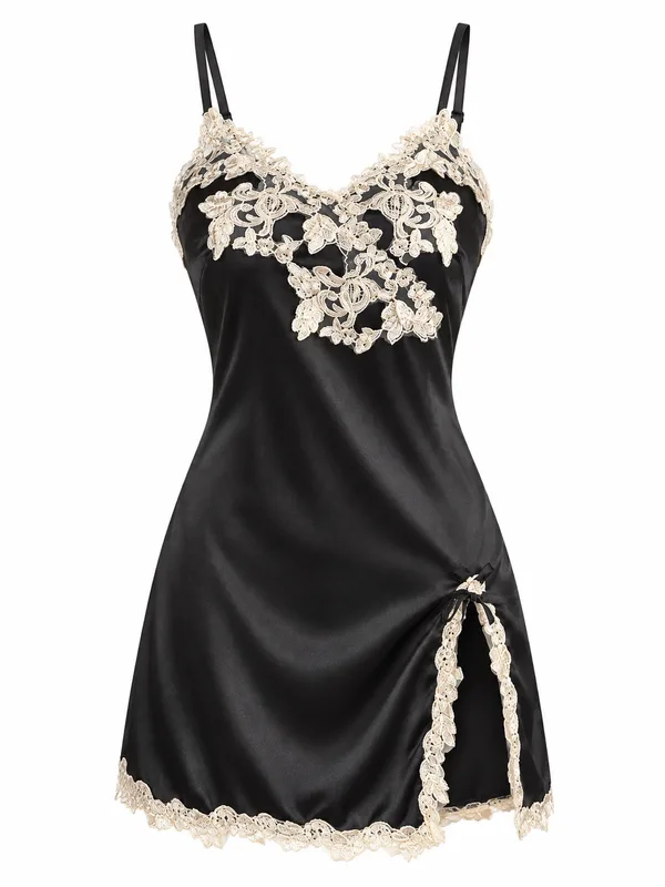 Lace-Trim Satin Slip, Black, studio, front