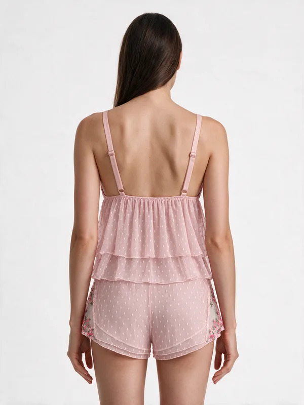 Floral Embroidered Dotted Mesh Cami and Shorts, Light Pink, model, back