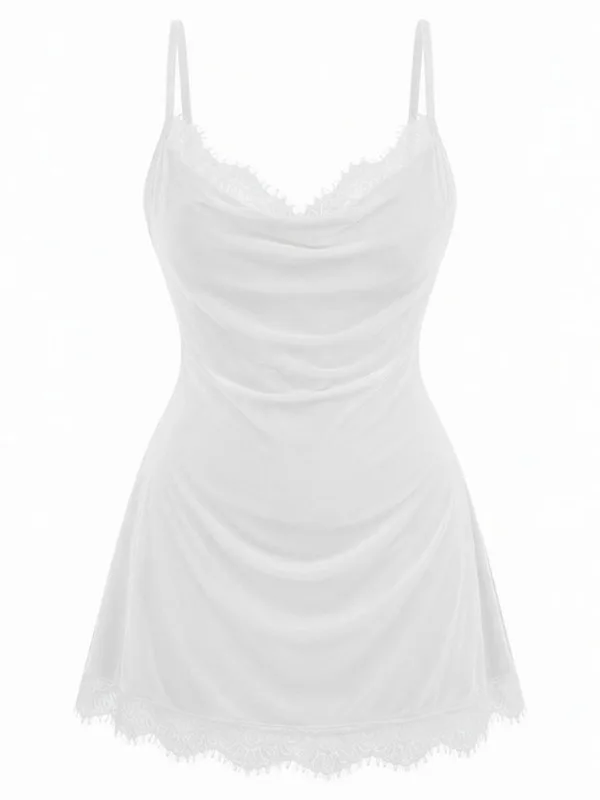 Lace-Trim Velvet Slip, White, studio, front