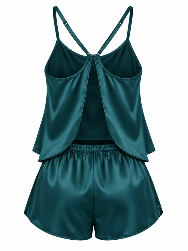 Satin Camisole Top and Shorts, Dark Green, studio, back