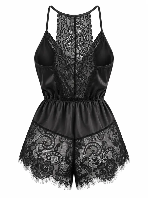Lace-Trim Satin V-Neck Romper, Black, studio, back