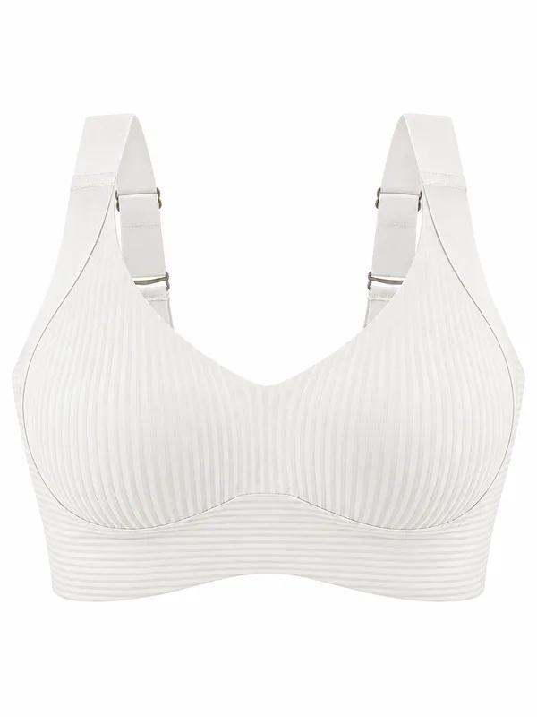 Ribbed V-Neck Wireless Bra, White, studio, front