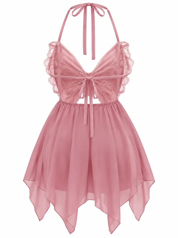 Butterfly Lace Mesh Halter Babydoll, Dusty Pink, studio, back