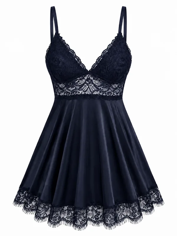 Lace-Trim Satin Babydoll, Navy Blue, studio, front