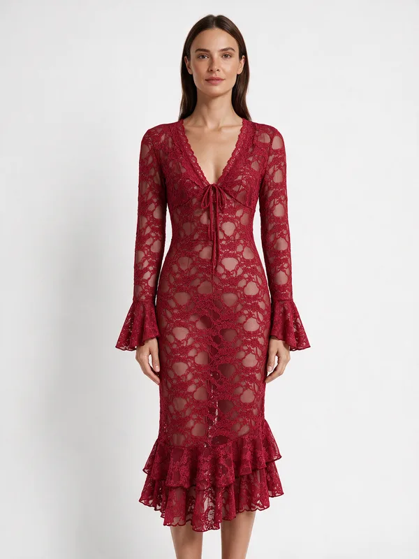 Lace Bell-Sleeve Ruffle-Hem Midi Dress in Burgundy