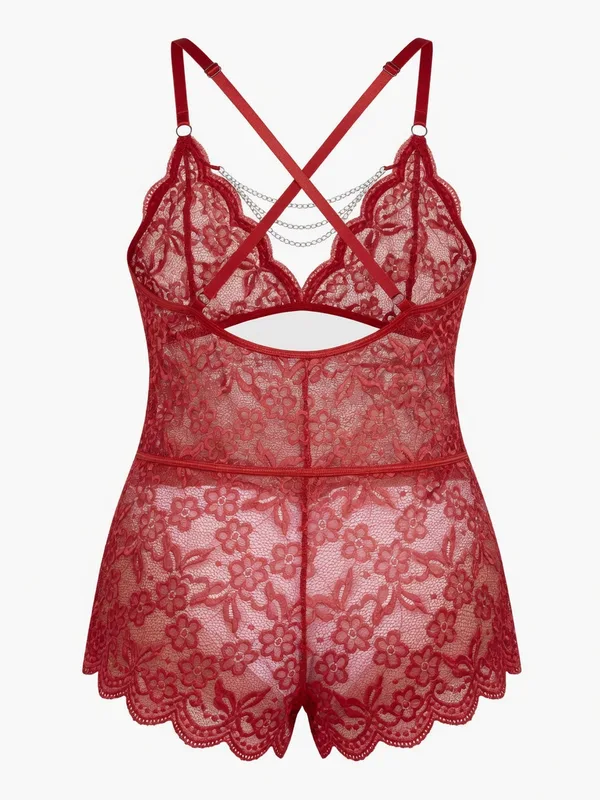 Lace Cutout Chain Teddy, Red, studio, back