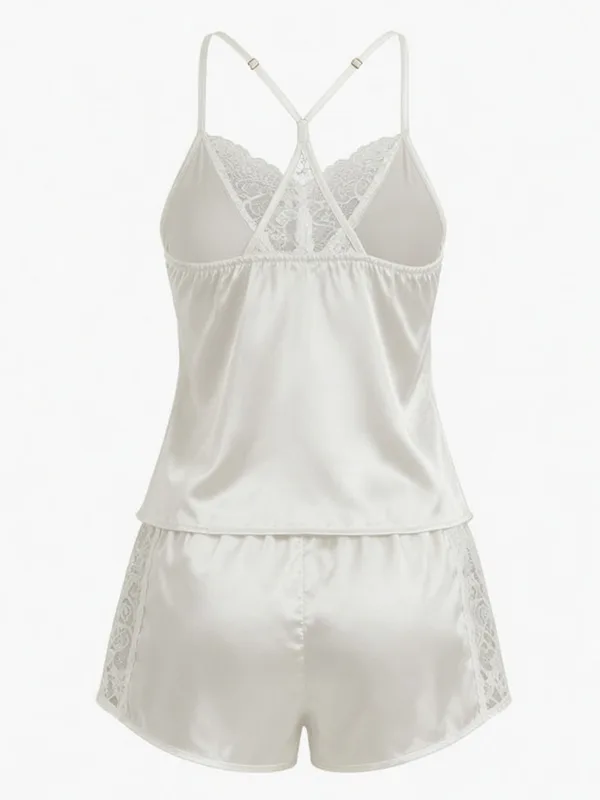 Lace-Trim Satin Camisole and Shorts, White, studio, back